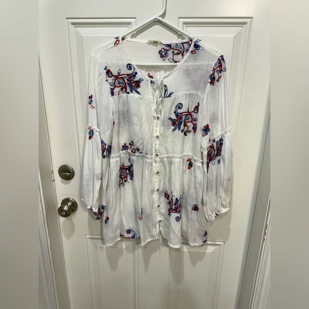 Embroidered Tie-Front White Peasant Tunic with Red & Blue Motifs